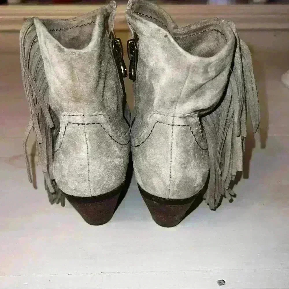 SAM EDELMAN Louie Suede Fringe Ankle Boots Booties Size Women’s 6.5 putty gray - Picture 3 of 7